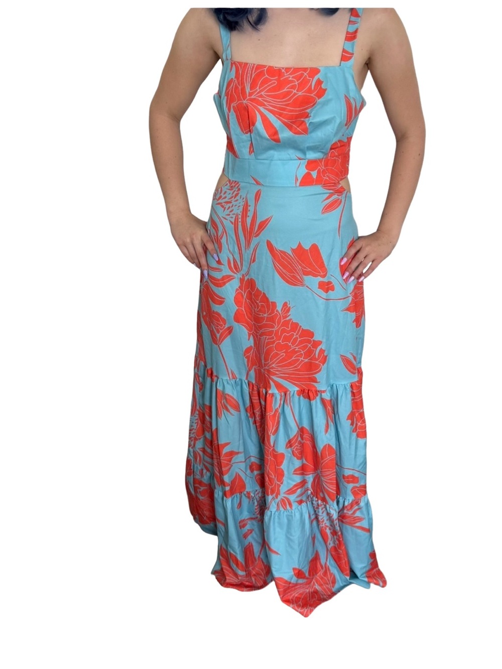 Square-Neck Aqua and Coral Floral Maxi Dress